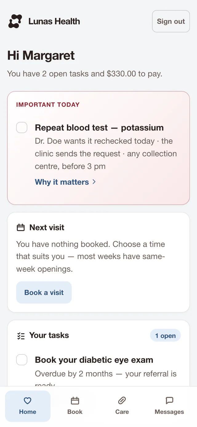The portal home for Margaret: important today, a repeat potassium blood test; her next visit; and a task to book her diabetic eye exam.