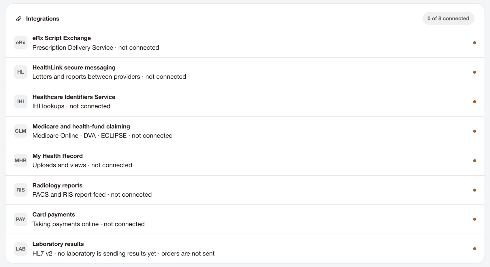 The Integrations card in Lunas settings, showing none of eight integrations connected: eRx, HealthLink, the HI Service, Medicare and health-fund claiming, My Health Record, radiology reports, card payments, and laboratory results by HL7 with no laboratory sending yet.