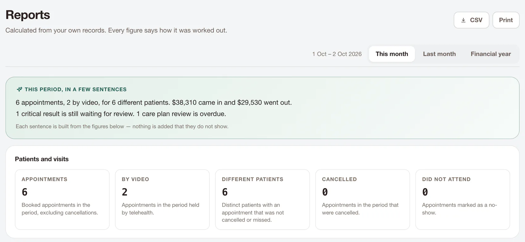 The reports page: a short summary of the period in sentences, then appointments, video visits, patients, cancellations and non-attendance, each with a line on how it was counted.