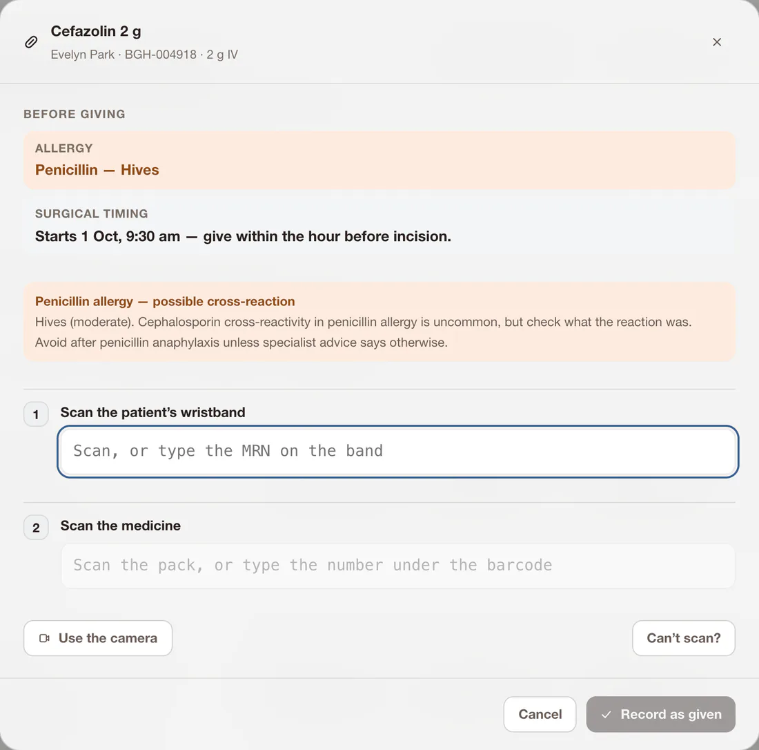 Giving cefazolin 2 g to Evelyn Park: before giving, her penicillin allergy and a note on possible cross-reaction; then scan the patient’s wristband, then scan the medicine.
